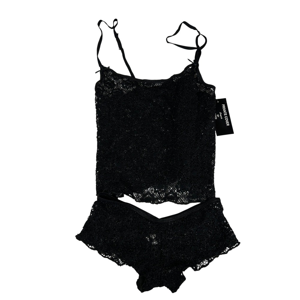 Private Cover by Popsi VTG Black Lace Camisole and Shorts Lingerie Set Small NEW